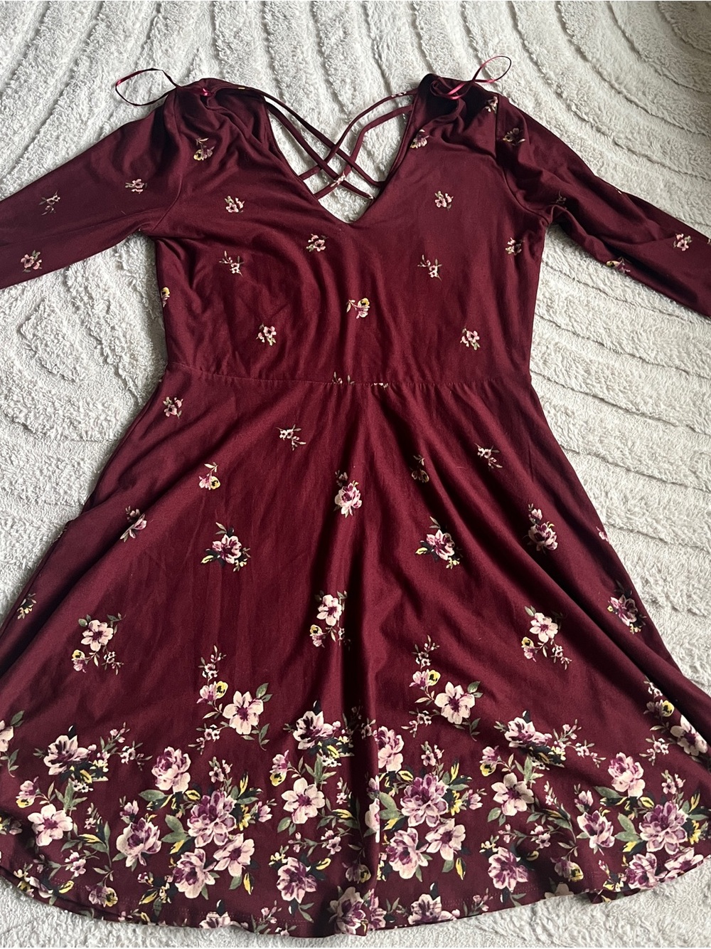Burgundy long sleeve floral fall dress Nine Britton